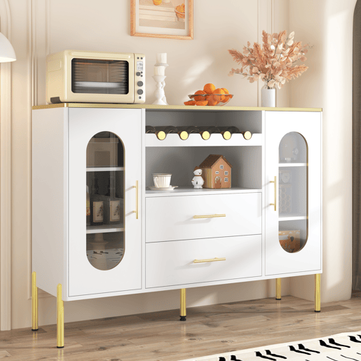 Aparador 150x40x75 cm - Frentes em vidro e vinoteca - Branco