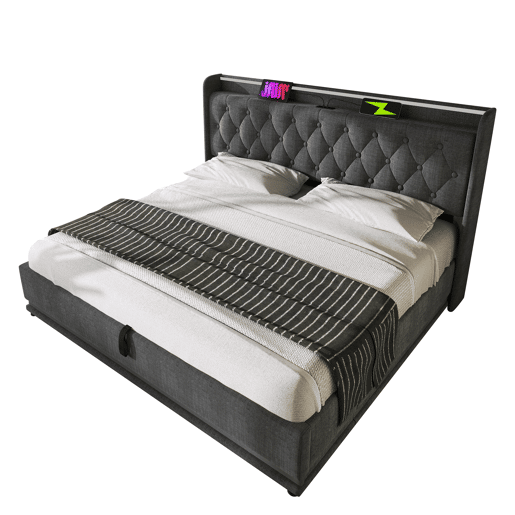 Cama de casal estofada 180x200 - LED 360°, hidráulica, cabeceira acolchoada com USB-C, controlo tátilAppRC - Cinza