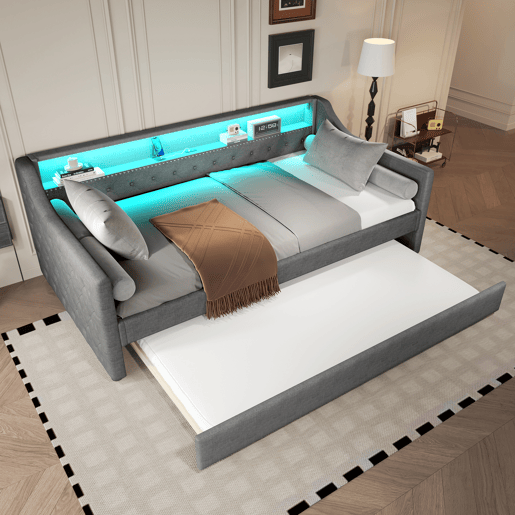 Cama de dia, 90x200 cm - Sofá-cama, com estrado de ripas, luz ambiente com comando, cama extensível, porta USB - Cinza
