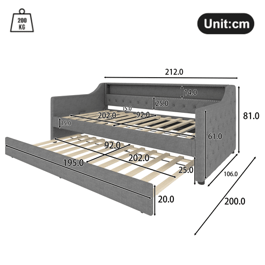 Cama de dia, 90x200 cm - Sofá-cama, com estrado de ripas, luz ambiente com comando, cama extensível, porta USB - Cinza