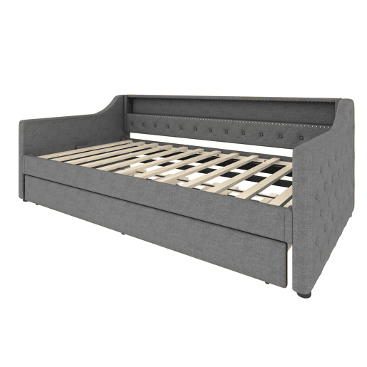 Cama de dia, 90x200 cm - Sofá-cama, com estrado de ripas, luz ambiente com comando, cama extensível, porta USB - Cinza