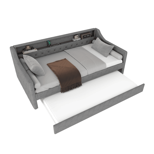 Cama de dia, 90x200 cm - Sofá-cama, com estrado de ripas, luz ambiente com comando, cama extensível, porta USB - Cinza