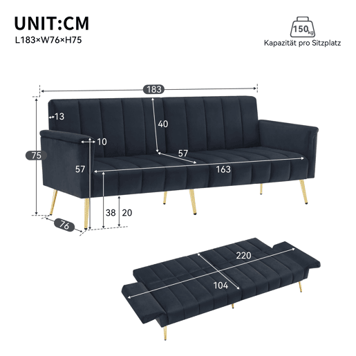 Sofá-cama moderno dobrável - com pés adicionais, com função de cama, em veludo - Preto