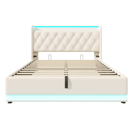 Cama de casal estofada 140*200 - LED 360°, armazenamento hidráulico, cabeceira acolchoada com carregador USB Tipo-C - Branco PU
