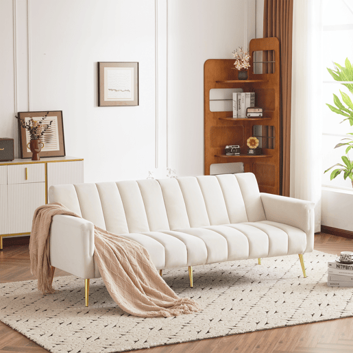 Sofá-cama dobrável moderno de 2 lugares - com função de cama, com pés auxiliares, tecido de veludo - Bege