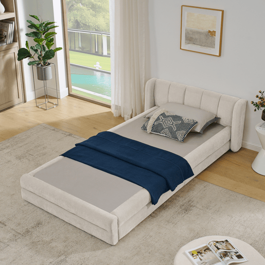 Cama individual 90x200 cm - Tecido chenille macio, encosto confortável, adequada para crianças - Bege