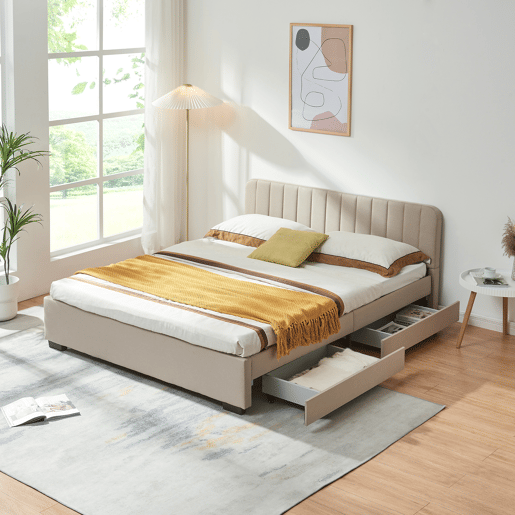 Cama estofada Nofrenna com 4 gavetas MDF 140x200 cm Bege en.casa