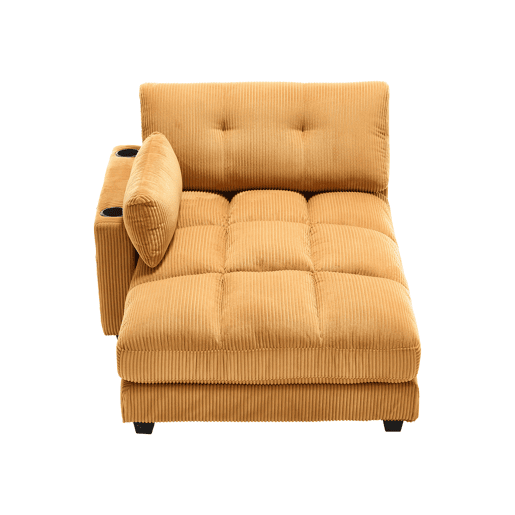 Poltrona de palma - Estofamento com franjas macias - Com apoios de braços com almofadas removíveis, encosto ajustável, três porta-copos e bolso lateral - Amarelo mostarda