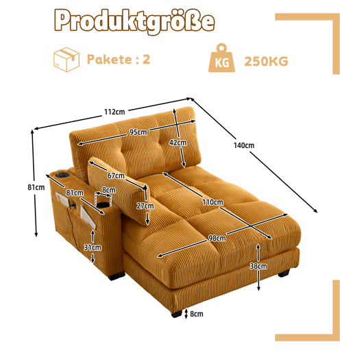 Poltrona de palma - Estofamento com franjas macias - Com apoios de braços com almofadas removíveis, encosto ajustável, três porta-copos e bolso lateral - Amarelo mostarda
