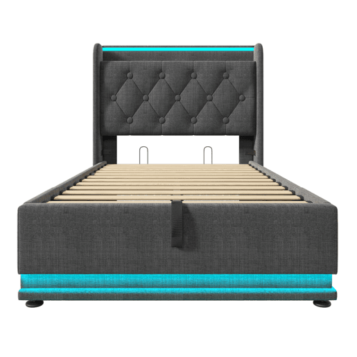 Cama individual 90x200 - LED 360 Surround, hidráulica, cabeceira estofada com USB Tipo-C - Cinza