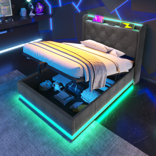 Cama individual 90x200 - LED 360 Surround, hidráulica, cabeceira estofada com USB Tipo-C - Cinza