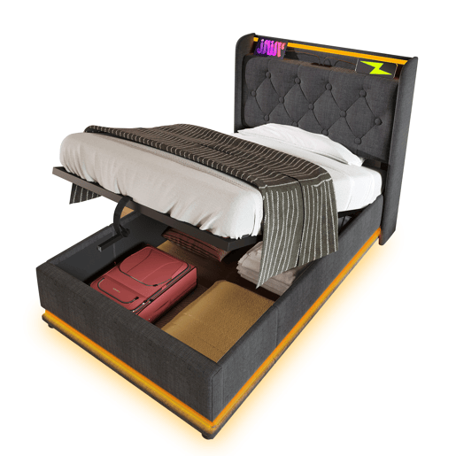 Cama individual 90x200 - LED 360 Surround, hidráulica, cabeceira estofada com USB Tipo-C - Cinza