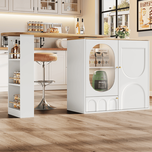 Mesa de bar giratória 360° - 138x39x102 cm - Móvel de bar com arrumação, ilha de cozinha, três portas com prateleiras, painéis divisórios removíveis - Branco