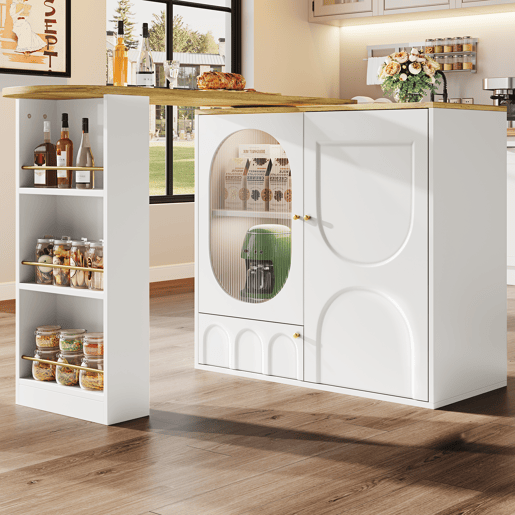 Mesa de bar giratória 360° - 138x39x102 cm - Móvel de bar com arrumação, ilha de cozinha, três portas com prateleiras, painéis divisórios removíveis - Branco