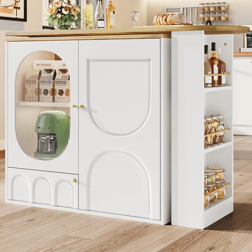 Mesa de bar giratória 360° - 138x39x102 cm - Móvel de bar com arrumação, ilha de cozinha, três portas com prateleiras, painéis divisórios removíveis - Branco