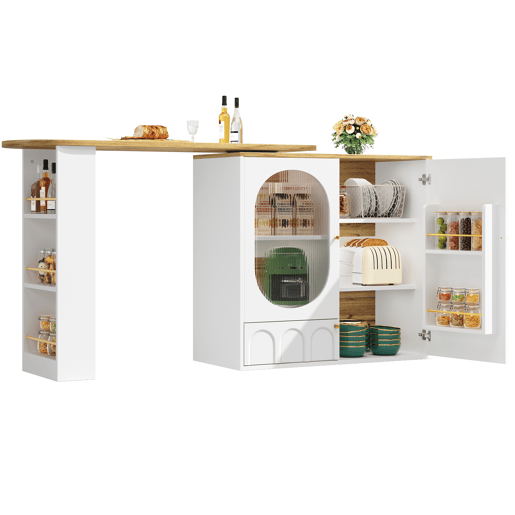 Mesa de bar giratória 360° - 138x39x102 cm - Móvel de bar com arrumação, ilha de cozinha, três portas com prateleiras, painéis divisórios removíveis - Branco