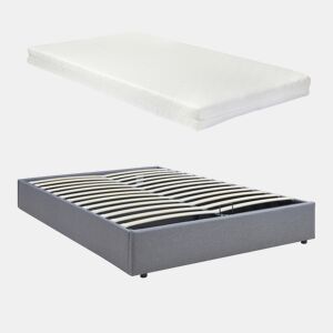 Cama estofada Nola com estrado linho + colchão 140x200 cm Cinzento en.casa