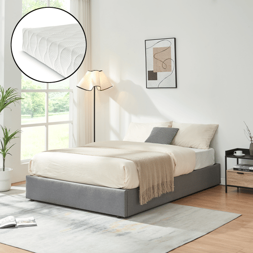 Cama estofada Nola com estrado linho + colchão 140x200 cm Cinzento en.casa