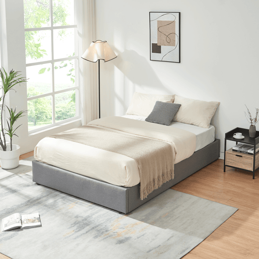 Cama estofada Nola com estrado linho + colchão 140x200 cm Cinzento en.casa