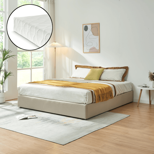 Cama estofada Nola com estrado linho + colchão 180x200 cm Bege en.casa
