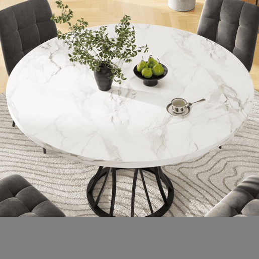 Mesa redonda 80x80 cm - mesa de jantar para 4-6 pessoas, com tampo em MDF marmorizado e pernas pretas
