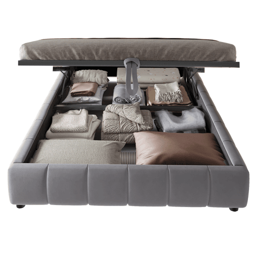 Cama individual 140x200 cm - Sem cabeceira, com faixa LED (cor única), estrutura de cama flutuante hidráulica com arrumação - Cinza