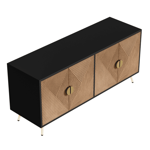 Aparador 160 cm - Quatro portas, puxadores dourados escovados e pés brilhantes - Preto + Madeira