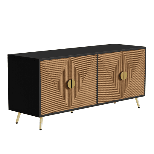 Aparador 160 cm - Quatro portas, puxadores dourados escovados e pés brilhantes - Preto + Madeira