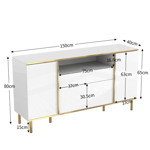 Aparador 150x40x80 cm - Cômoda brilhante com 1 gaveta - Branco