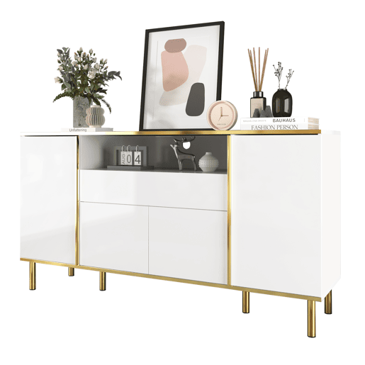 Aparador 150x40x80 cm - Cômoda brilhante com 1 gaveta - Branco