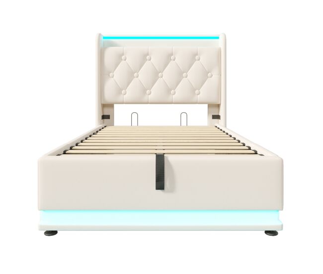 Cama individual tapizada 90*200 - led 360, hidráulica, cabecero con usb tipo-c, con colchón - blanco pu