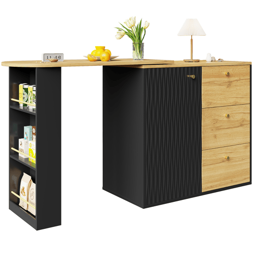Mesa de bar extensível 138-204×39×104 cm - giratória em 360°, moderna, com arrumação, mesa alta de cozinha, aparador com acabamento em madeira - Preto Mesa de bar extensível 138-204×39×104 cm - giratória em 360°, moderna, com arrumação, mesa alta de cozinha, aparador com acabamento em madeira - Preto