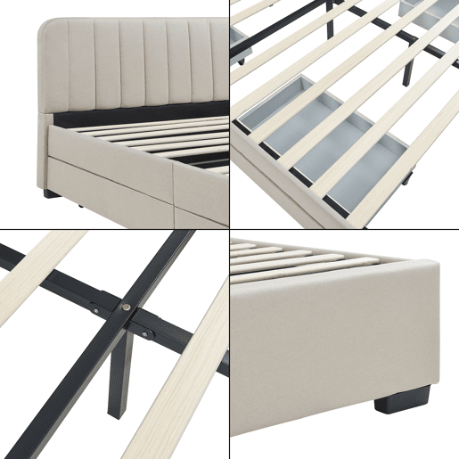 Cama estofada Nofrenna com 4 gavetas MDF 160x200 cm Bege en.casa