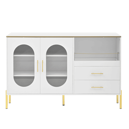 Aparador elegante com 2 gavetas e 2 portas de vidro - Cômoda moderna branca com detalhes dourados - Grande capacidade - para sala de estar, sala de jantar, corredor