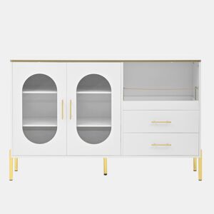 Aparador elegante com 2 gavetas e 2 portas de vidro - Cômoda moderna branca com detalhes dourados - Grande capacidade - para sala de estar, sala de jantar, corredor