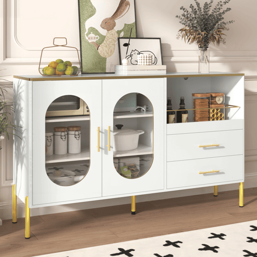 Aparador elegante com 2 gavetas e 2 portas de vidro - Cômoda moderna branca com detalhes dourados - Grande capacidade - para sala de estar, sala de jantar, corredor