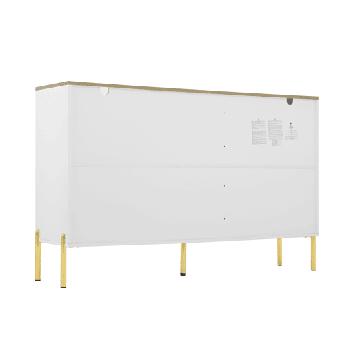 Aparador elegante com 2 gavetas e 2 portas de vidro - Cômoda moderna branca com detalhes dourados - Grande capacidade - para sala de estar, sala de jantar, corredor