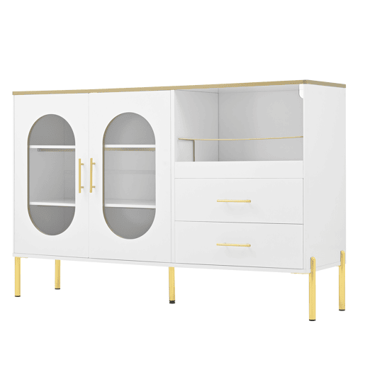 Aparador elegante com 2 gavetas e 2 portas de vidro - Cômoda moderna branca com detalhes dourados - Grande capacidade - para sala de estar, sala de jantar, corredor