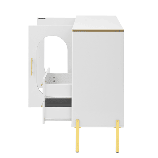 Aparador elegante com 2 gavetas e 2 portas de vidro - Cômoda moderna branca com detalhes dourados - Grande capacidade - para sala de estar, sala de jantar, corredor