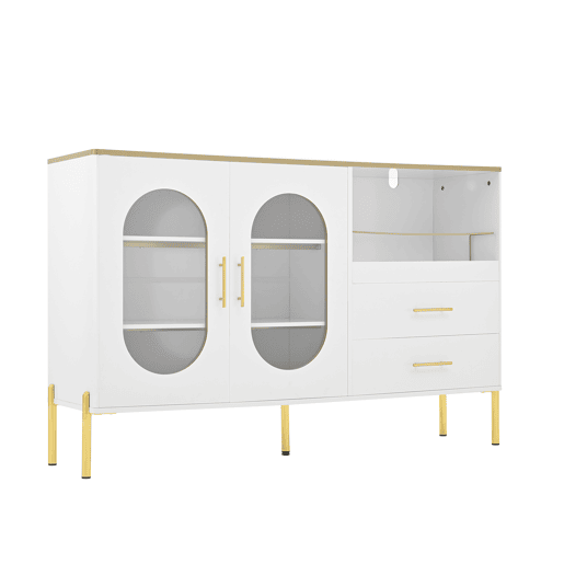 Aparador elegante com 2 gavetas e 2 portas de vidro - Cômoda moderna branca com detalhes dourados - Grande capacidade - para sala de estar, sala de jantar, corredor