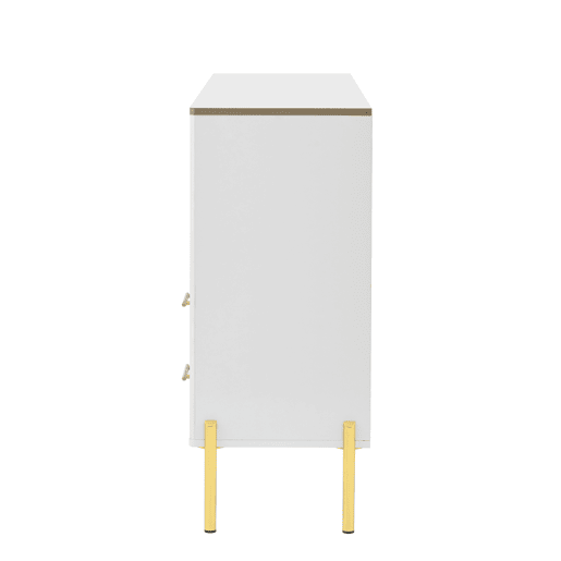Aparador elegante com 2 gavetas e 2 portas de vidro - Cômoda moderna branca com detalhes dourados - Grande capacidade - para sala de estar, sala de jantar, corredor