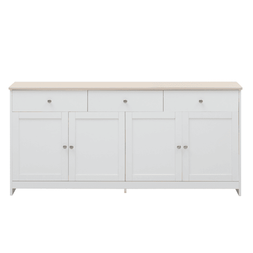 Aparador 160x37x75cm - 4 portas, 3 gavetas, design com veios de madeira branca - Madeira e Branco