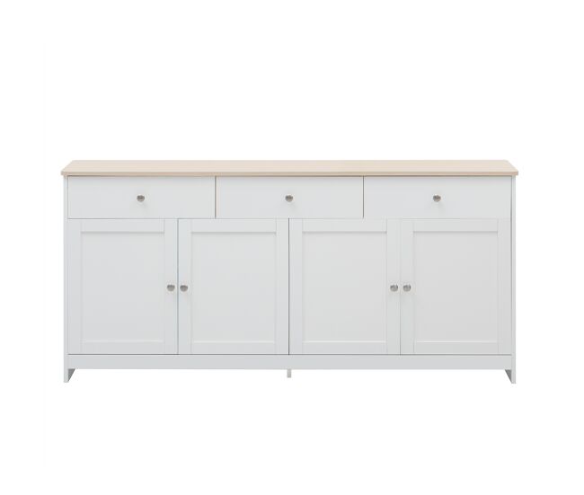 Aparador 160x37x75cm - 4 puertas, 3 cajones, diseño con veta de madera blanca - madera y blanco