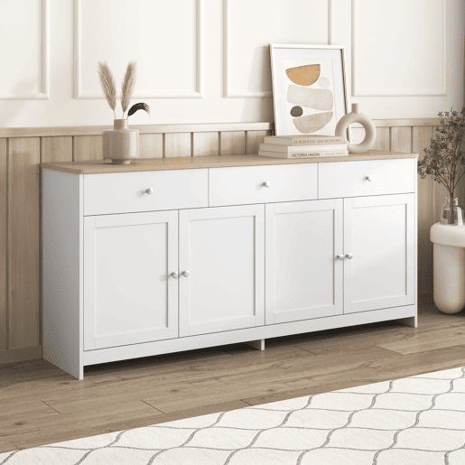 Aparador 160x37x75cm - 4 portas, 3 gavetas, design com veios de madeira branca - Madeira e Branco