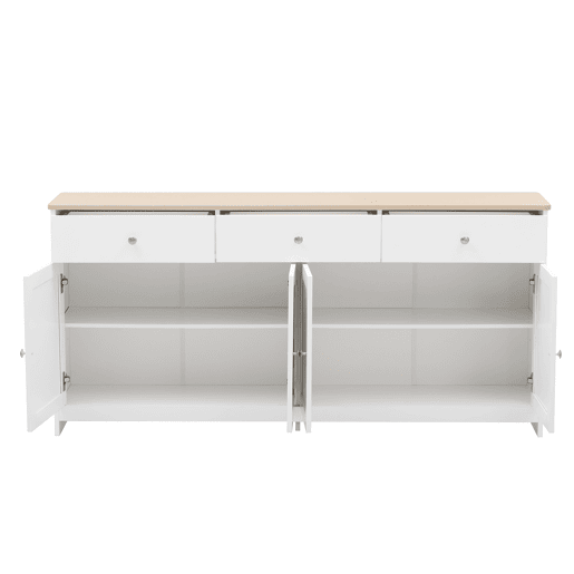 Aparador 160x37x75cm - 4 portas, 3 gavetas, design com veios de madeira branca - Madeira e Branco