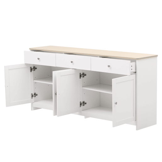 Aparador 160x37x75cm - 4 portas, 3 gavetas, design com veios de madeira branca - Madeira e Branco