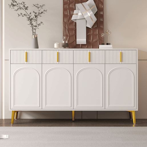 Aparador 140x37,8x82 cm - 4 portas, 4 gavetas, com laminado removível e pés dourados - Branco