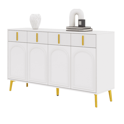 Aparador 140x37,8x82 cm - 4 portas, 4 gavetas, com laminado removível e pés dourados - Branco