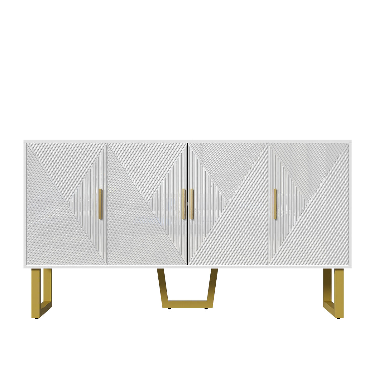 Aparador moderno 150 cm - puertas estructuradas brillantes, 4 puertas, estantes ajustables, tiradores dorados - blanco