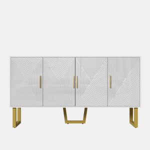Aparador moderno 150 cm - Portas estruturadas brilhantes, 4 portas, prateleiras ajustáveis, puxadores dourados - Branco